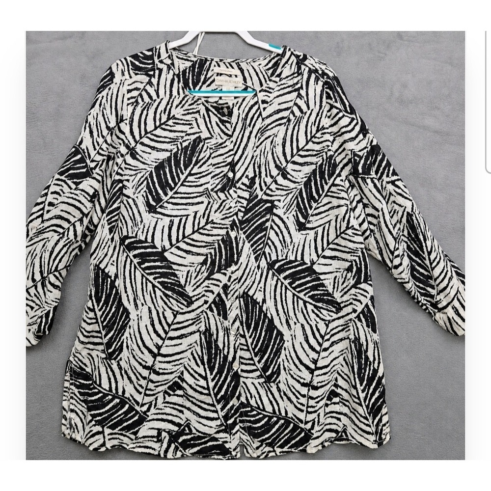 Cynthia Rowley Coastal 100% Linen Palm Leaf Print Button Up Tunic Blouse 1X